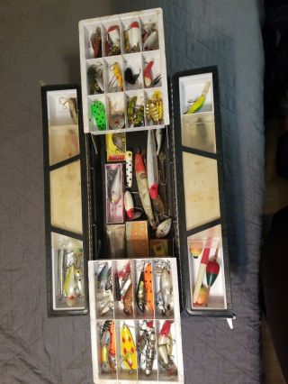 Vintage Sears Ted Williams Tackle Box Full Of Assorted Fishing Lures And heddon 3