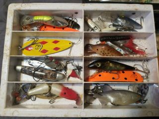 Vintage Sears Ted Williams Tackle Box Full Of Assorted Fishing Lures And heddon 4