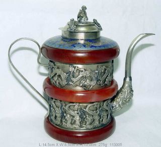 China Handwork Decoration Old Tibet Silver Teapot Inlay Red Jade Carve Dragon