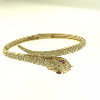 Vintage 18k Yellow Gold 2 Ctw Diamond Ruby Snake Bangle Ladies Bracelet 7 " Wrist