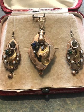 Rare Antique 10kt Gold Georgian/victorian/etruscan Pendant/brooch & Earrings Set