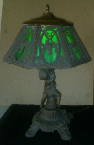 Antique Art Nouveau Green Swirl Slag Glass Shade & Putto Amorino Cast Metal Lamp