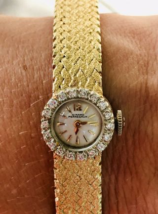 Vintage 14k Gold Girard Perregaux Diamond Bezel Mesh Bracelet Watch 28g