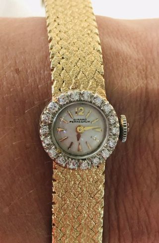 VINTAGE 14K GOLD GIRARD PERREGAUX DIAMOND BEZEL MESH BRACELET WATCH 28G 3