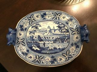 Antique Blue And White Staffordshire Transferware 6 " X 8 " Serving Plate W/ Handl