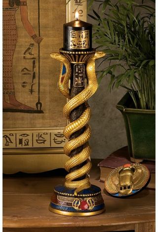 Egyptian Dual Cobra Snakes Ebony Gold Hieroglyphics Candlestick