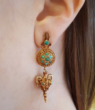 Vintage Turquoise Beaded Drop Earrings In 18k Yellow Gold - Hm1701ss