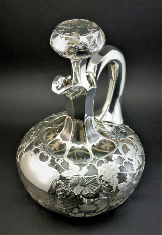 Antique 19thc American Alvin Fine Silver Overlay Glass Claret Jug Wine Decanter