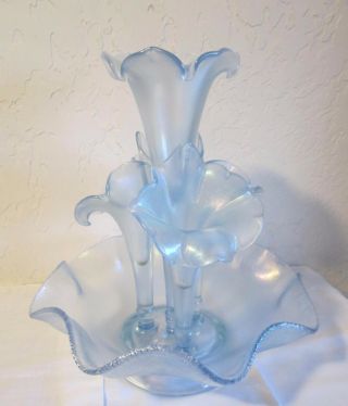 Vintage Fenton Blue Opalescent Stretch Glass 4 Horn Epergne 13 Inch Irridescent