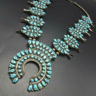 Huge Vintage Navajo Sterling Silver Turquoise Cluster Squash Blossom Necklace