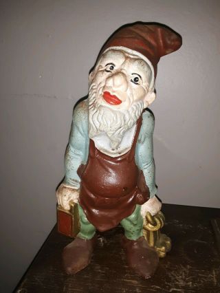 Vintage Cast Iron Bank,  Gnome W Keys & Lantern
