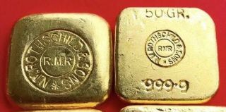50 Gram N.  M Rothschild & Sons R.  M.  R Vintage Poured Gold Bullion Bar 999.  9 2