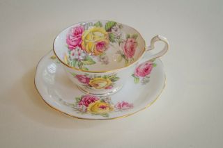 Queen Anne Manor Roses Fine China England Tea Cup And Saucer Set Pink Yellow