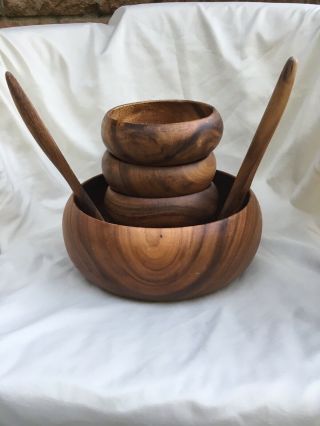 Vintage Monkey Pod Wooden Salad Bowls And Utensils Set Phillippines Mcm Retro