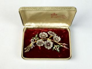Rare Vintage Dujay 1940s Paste & Enamel Gold Plated Flower Brooch Pin Box