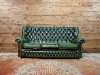 3 - Seater Chesterfield Sofa,  English Vintage In Green Leather.
