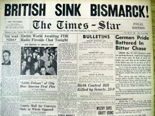 1941 Ww Ii Headline Newspaper British Navy Sinks German Battleship The Bismarck