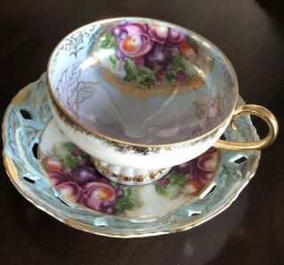 Royal Halsey Very Fine China Tea Cup And Saucer Set Pink And Purple Fruit Design