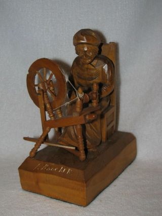Old Hand Wood Carved Figurine Of A Women & Spinning Wheel