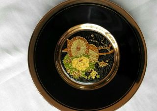 Cloisonne Japan Made Black Gold Trim Japanese Cart Design Decorative Plate