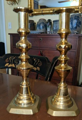 Pair Antique Brass Push - Up Candlesticks 19th Century Beehive Design