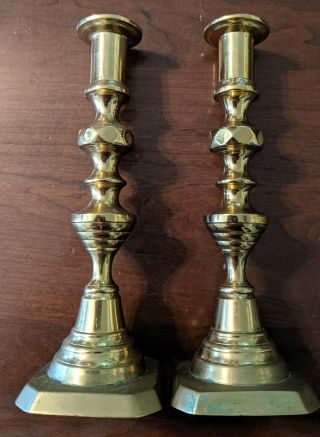 Pair Antique Brass Push - up Candlesticks 19th Century Beehive Design 2