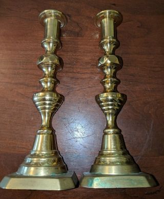 Pair Antique Brass Push - up Candlesticks 19th Century Beehive Design 5