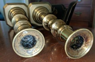 Pair Antique Brass Push - up Candlesticks 19th Century Beehive Design 6