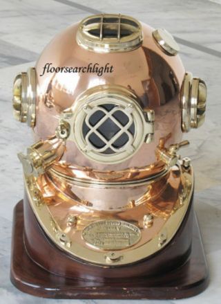 Brass & Copper Mark V U.  S.  Navy Nautical Divers Diving Helmet With Wooden Stand