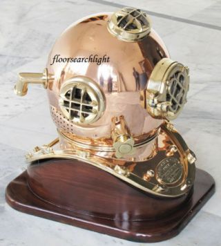 BRASS & COPPER MARK V U.  S.  NAVY NAUTICAL DIVERS DIVING HELMET WITH WOODEN STAND 2