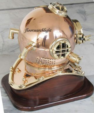 BRASS & COPPER MARK V U.  S.  NAVY NAUTICAL DIVERS DIVING HELMET WITH WOODEN STAND 5