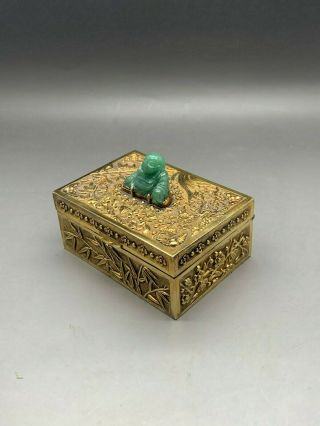 Antique Chinese Export Gilded Silver Jewelry Box With Jade Buddha