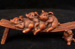 Collectable Old Room Decor Boxwood Carve Three Pig Play Game Lovely Royal Statue