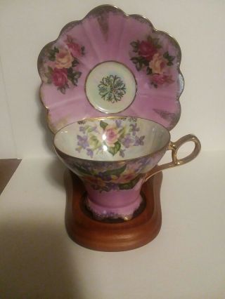 Royal Halsey Footed Pink With Roses Iridescent Tea Cup And Saucer Rare - Vintage