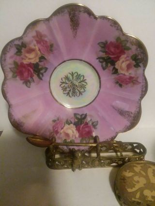 ROYAL HALSEY Footed PINK with Roses IRIDESCENT Tea Cup and Saucer Rare - Vintage 2