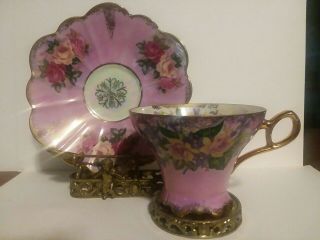 ROYAL HALSEY Footed PINK with Roses IRIDESCENT Tea Cup and Saucer Rare - Vintage 3