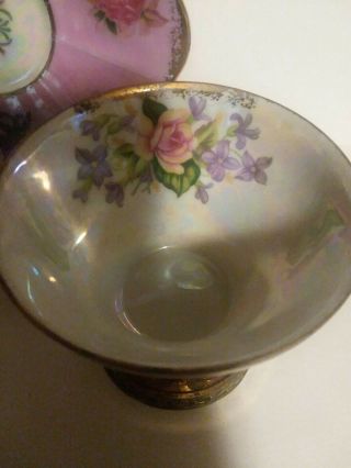 ROYAL HALSEY Footed PINK with Roses IRIDESCENT Tea Cup and Saucer Rare - Vintage 5