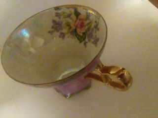 ROYAL HALSEY Footed PINK with Roses IRIDESCENT Tea Cup and Saucer Rare - Vintage 8