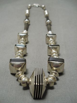 Heavy Unique Squared Bead Vintage Navajo Sterling Silver Necklace