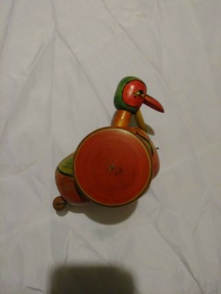 Vintage Hand Carved And Painted Wooden Duck Folk Art Pull Toy On 3 Wheels