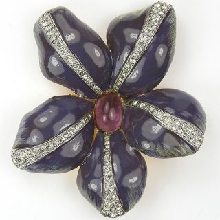 Mazer Amethyst Cabochon Pave Purple Enamel Passion Flower Orchid Pin Clip