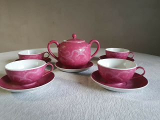 Old Chinese Porcelain Sgraffito Pink Dragon Tea Creamer,  Cups,  Small Plates.