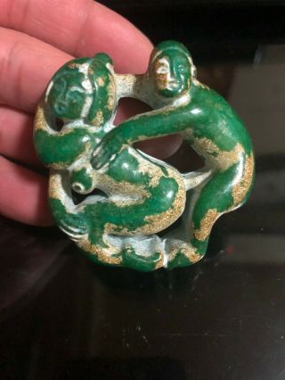 Ancient Chinese Old Green Jade Man With Woman Amulet Pendant Hollow Carving