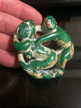 Ancient Chinese old Green Jade man with woman Amulet Pendant Hollow Carving 2