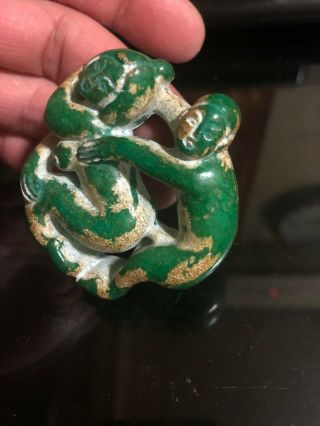 Ancient Chinese old Green Jade man with woman Amulet Pendant Hollow Carving 3