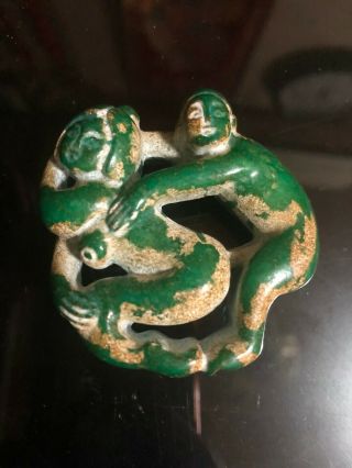 Ancient Chinese old Green Jade man with woman Amulet Pendant Hollow Carving 5