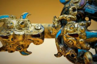 RARE - Antique Fine CHINESE Gilt Gold BRONZE Belt Hook DRAGON Tiger Ox Turquoise 10