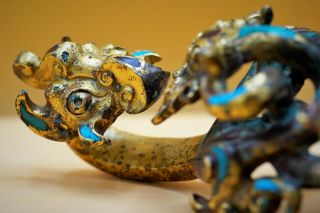 RARE - Antique Fine CHINESE Gilt Gold BRONZE Belt Hook DRAGON Tiger Ox Turquoise 11