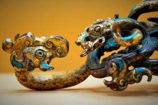 RARE - Antique Fine CHINESE Gilt Gold BRONZE Belt Hook DRAGON Tiger Ox Turquoise 12
