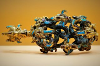 Rare - Antique Fine Chinese Gilt Gold Bronze Belt Hook Dragon Tiger Ox Turquoise